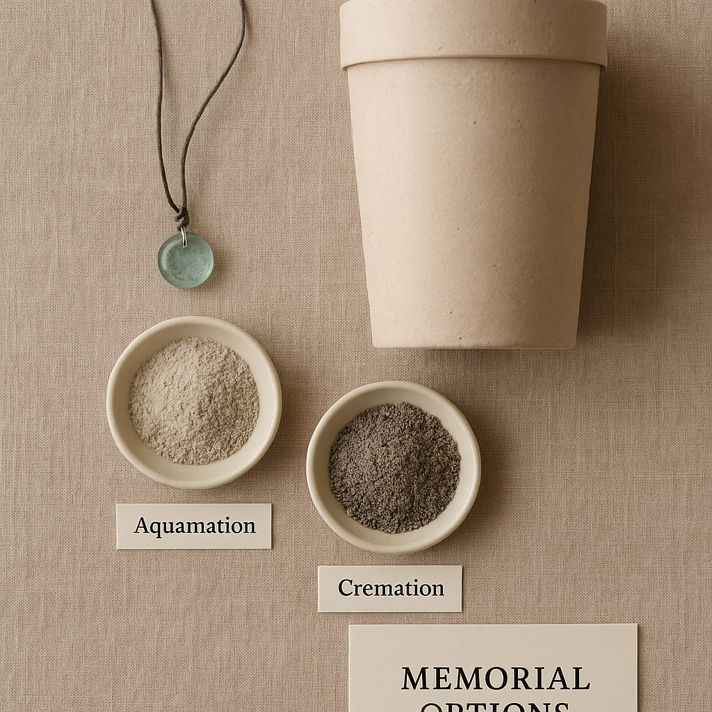 A respectful flat‑lay showing two labeled dishes of ash—“Aquamation” (light, fine) and “Cremation” (darker)—beside a biodegradable urn and recycled‑glass pendant.