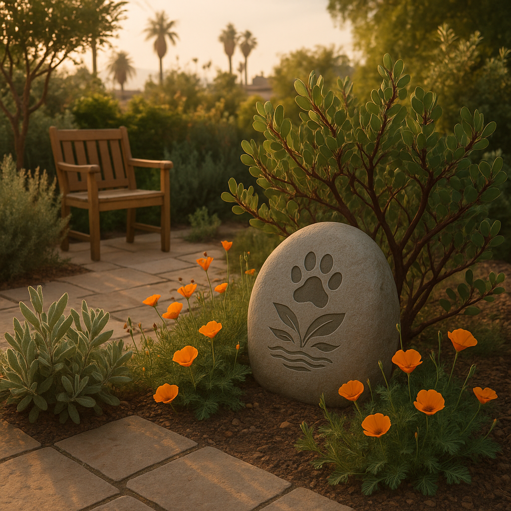 A warm Los Angeles patio garden at golden hour with native plants and a small pawprint memorial stone, evoking sustainable remembrance.