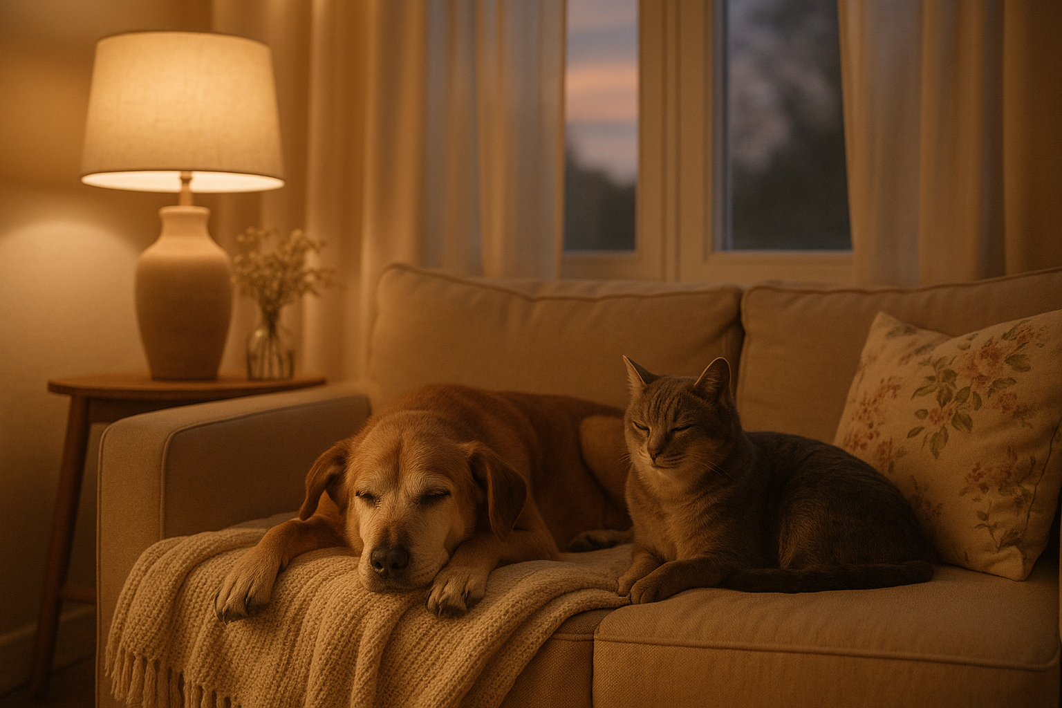 A softly lit living room with a calm dog and cat resting together on a blanket, evoking comfort and healing.