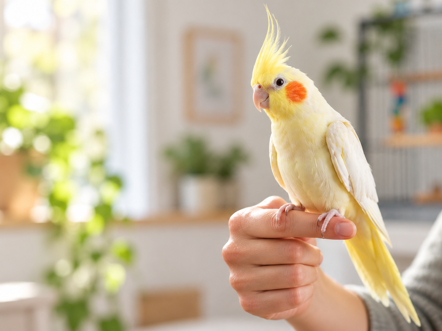 A yellow cockatiel perched on its owner's hand at home